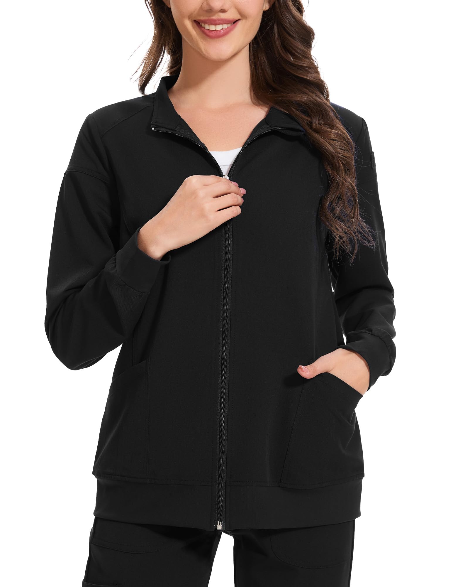 AMPOSH Women’s Scrub Jacket with Full Zip, Elastic Cuffs & 2 Deep Pockets