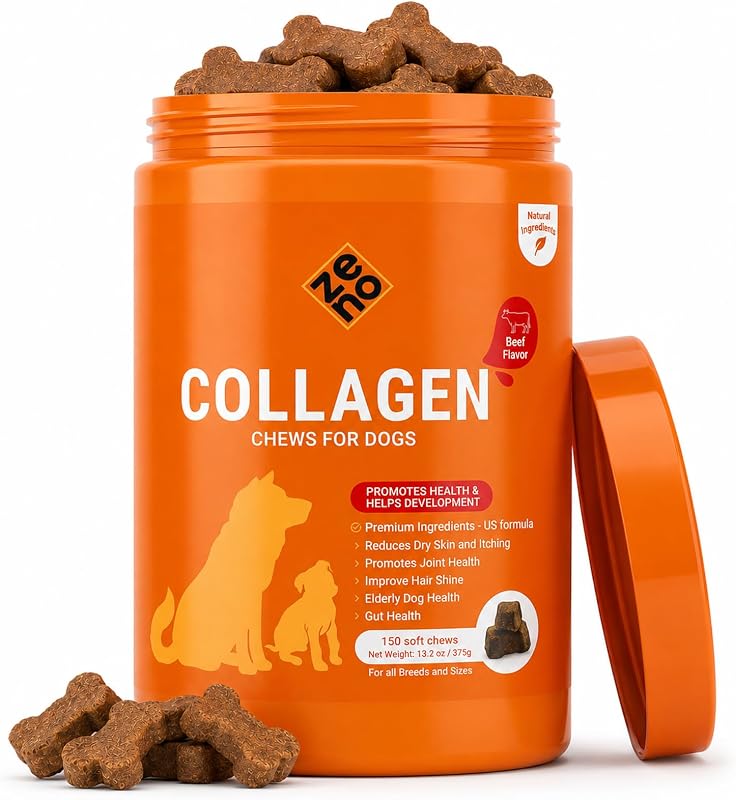 Suplemento para Cães com Colágeno, Cuidados com Articulações, Pele e Pelagem ZENO — 150 Unidades, Sabor Carne