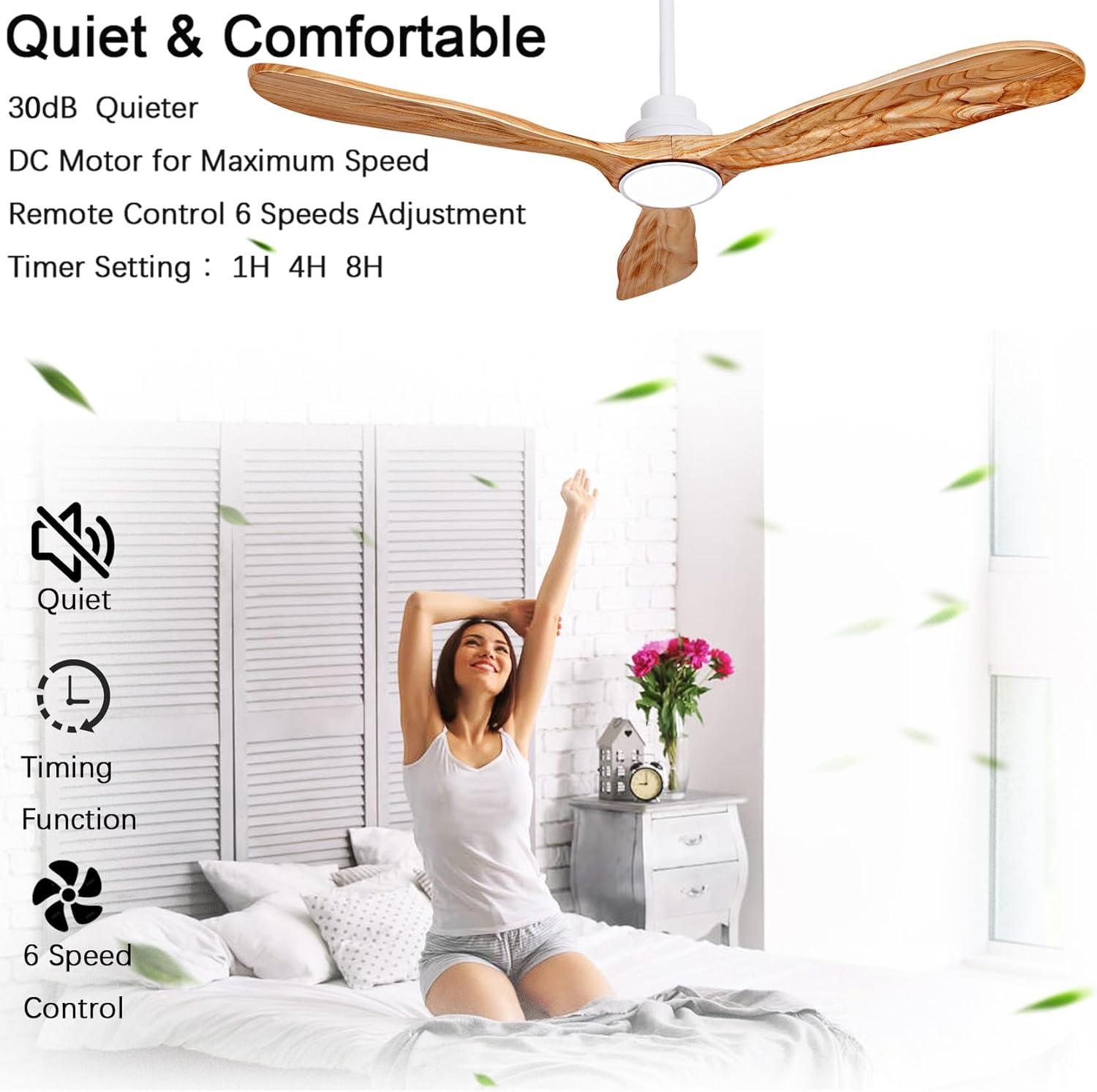 Ceiling Fans with Lights and Remote,60 Inch Unique Wood Ceiling Fan with Noiseless Reversible DC Motor,3 Blades,3 Downrods, for Farmhouse,Patio Living Room, Bedroom, Office,Indoor Outdoor(White+Wood)