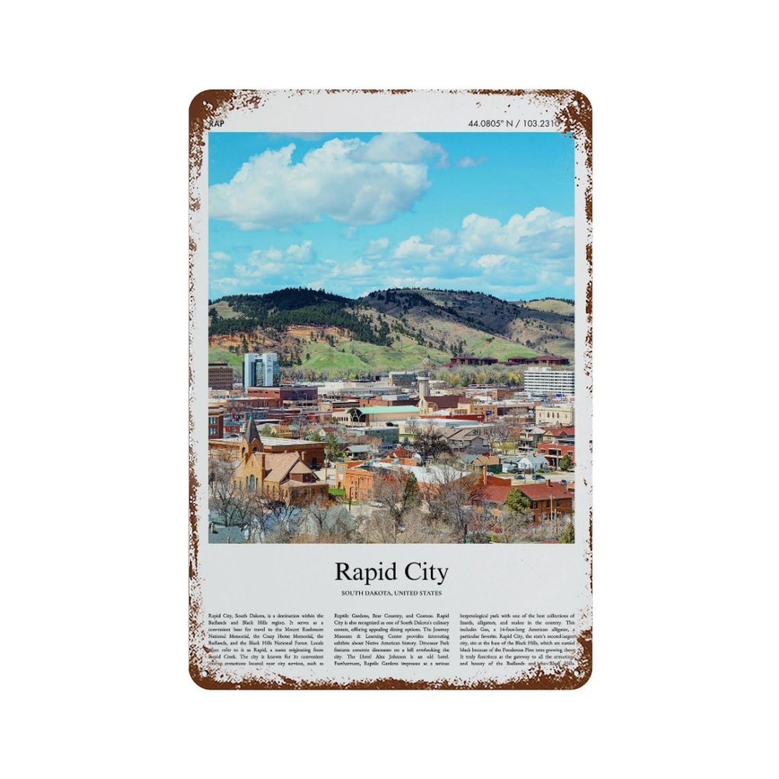 xiaoxiaoshen Rapid City South Dakota, United States, USA City Scenery Wall Decor Art Metal Tin Poster Modern Home Decor Art Home Bar Shop Decorations Vintage Sign 30x20cm