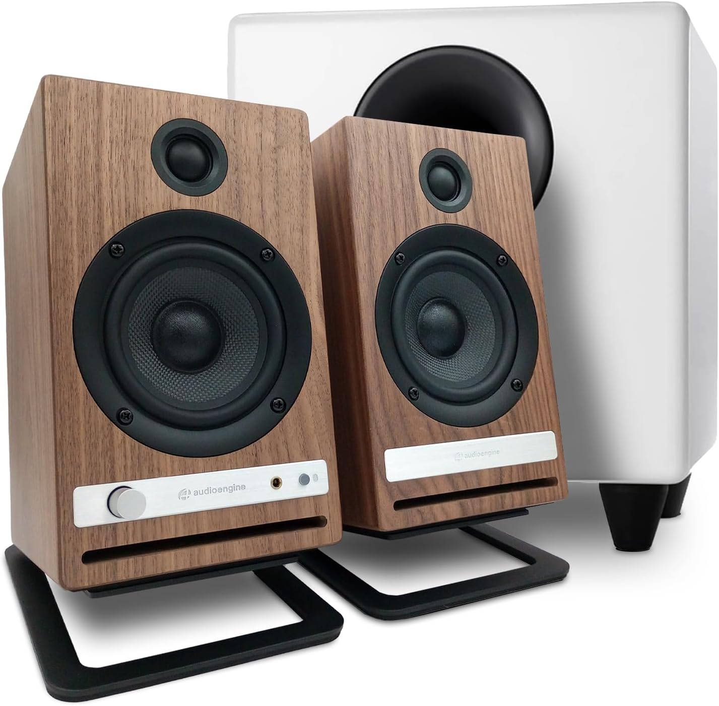 Audioengine HD4 Walnut Wireless Bookshelf Speakers with S8 White Subwoofer and DS2M Stands