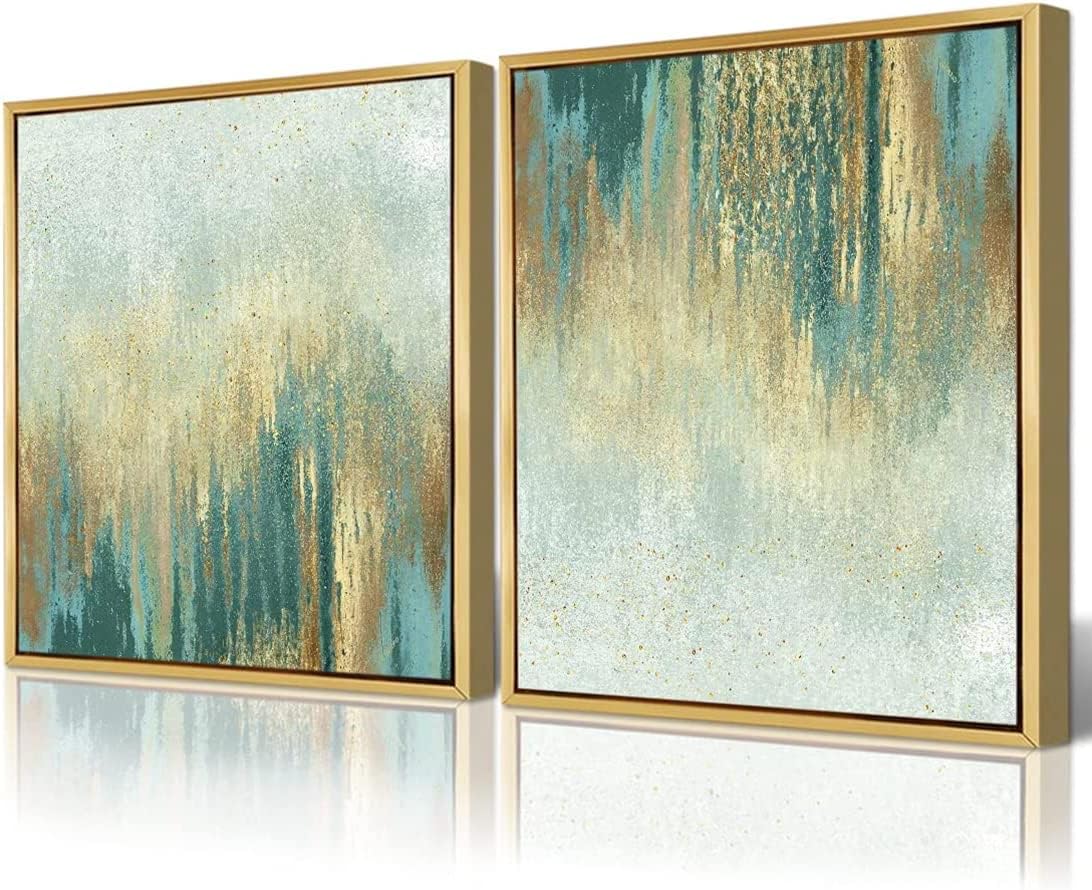 QTESPEII Large Abstract Wall Art Gold Frame Sage Teal Print Paintings Modern Linen Canvas Pictures Wall Decor Artwork for Living Room Bedroom Home Minimalist Decorations - 20"x20"x2 Pieces