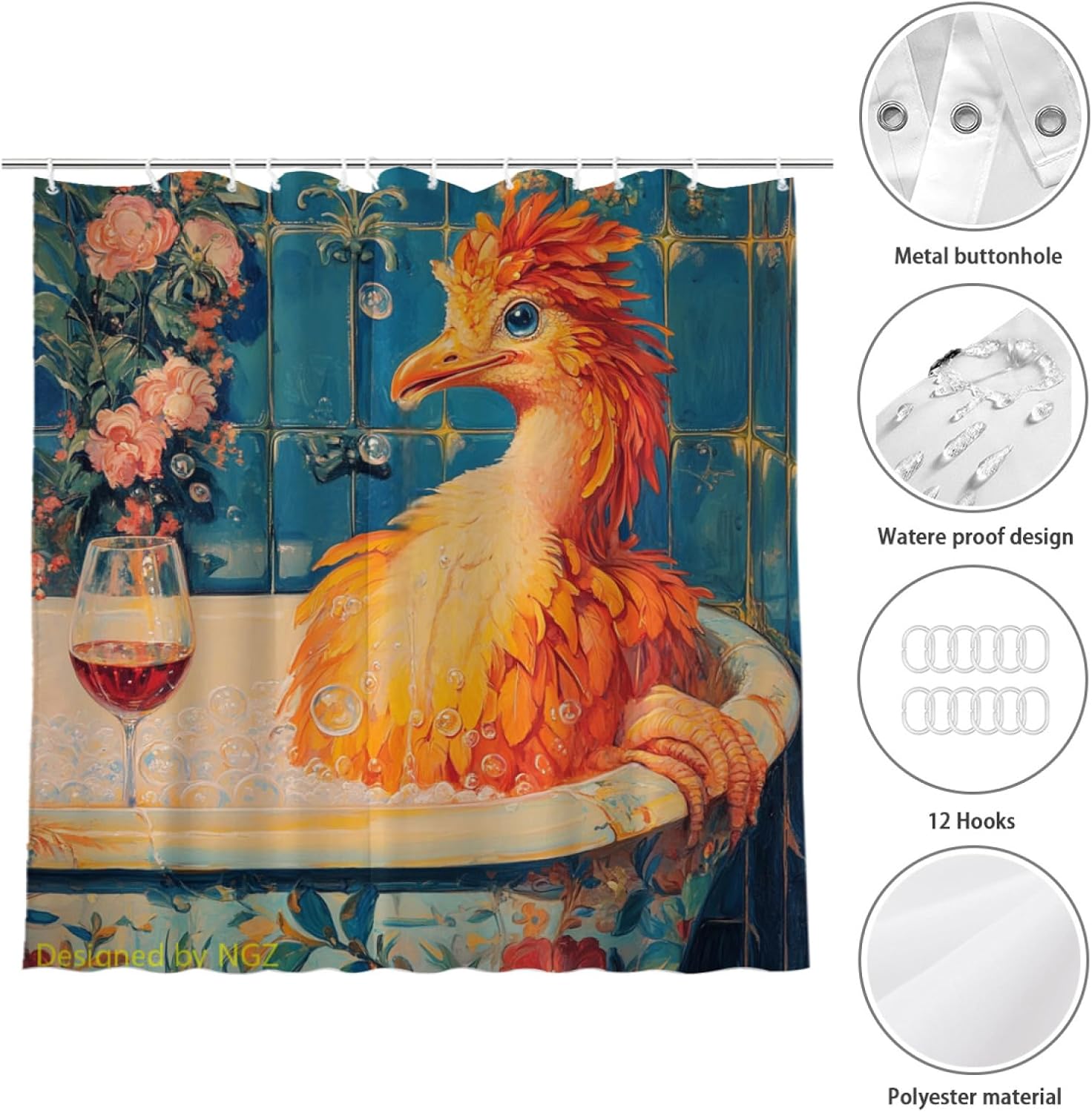 NGZ Funny Phoenix Bird Shower Curtain, SPA with Wine, Blue Shower Curtain, 72x72 Inches Shower Curtains for Bathroom, Bath Curtains Set with 12 Hooks