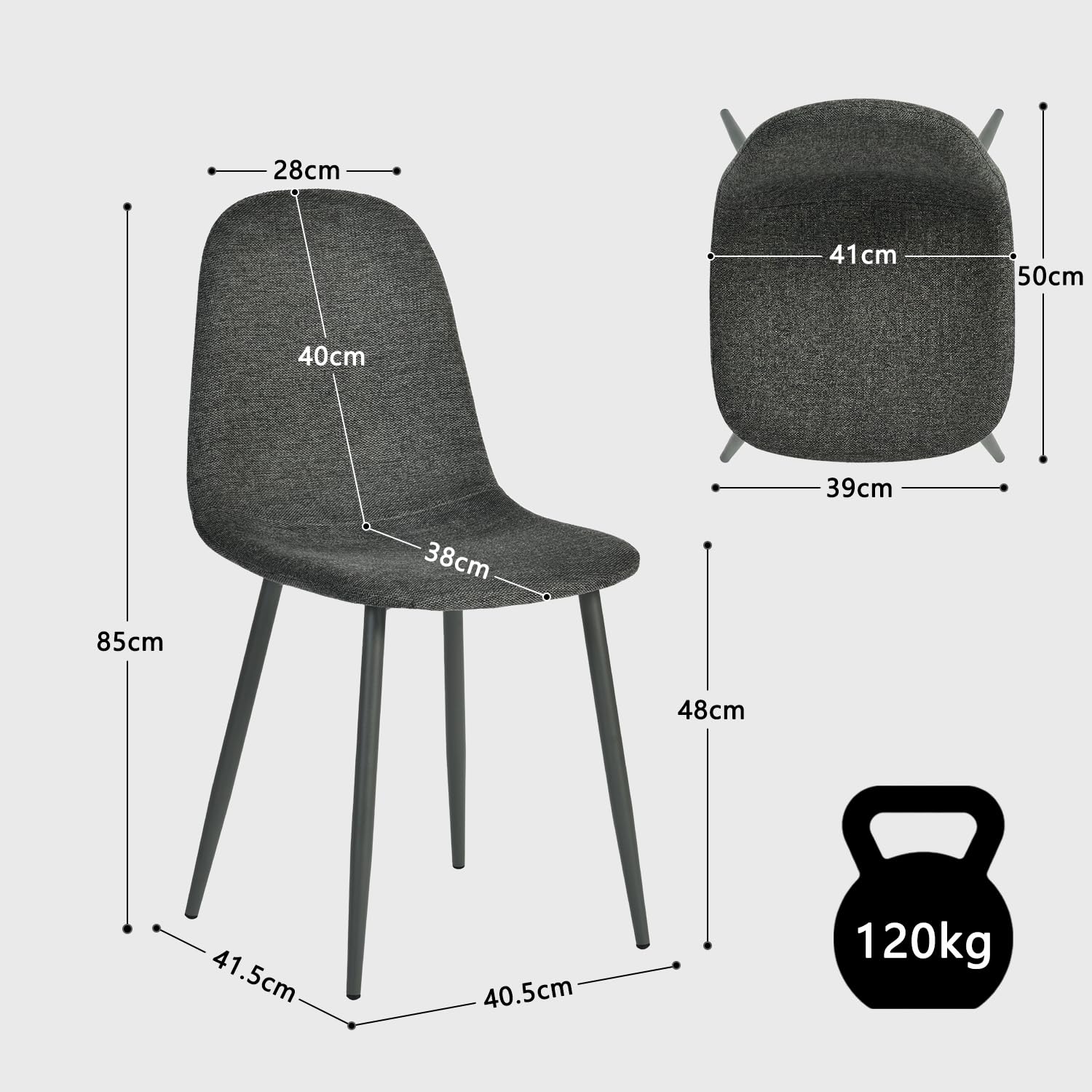MEUBLE Cosy Esszimmerstühle 4er Set Küchenstuhl Polsterstuhl Wohnzimmerstuhl Skandinavisch mit Rückenlehne, Sitzfläche aus Stoff, Metallbeine, Grau