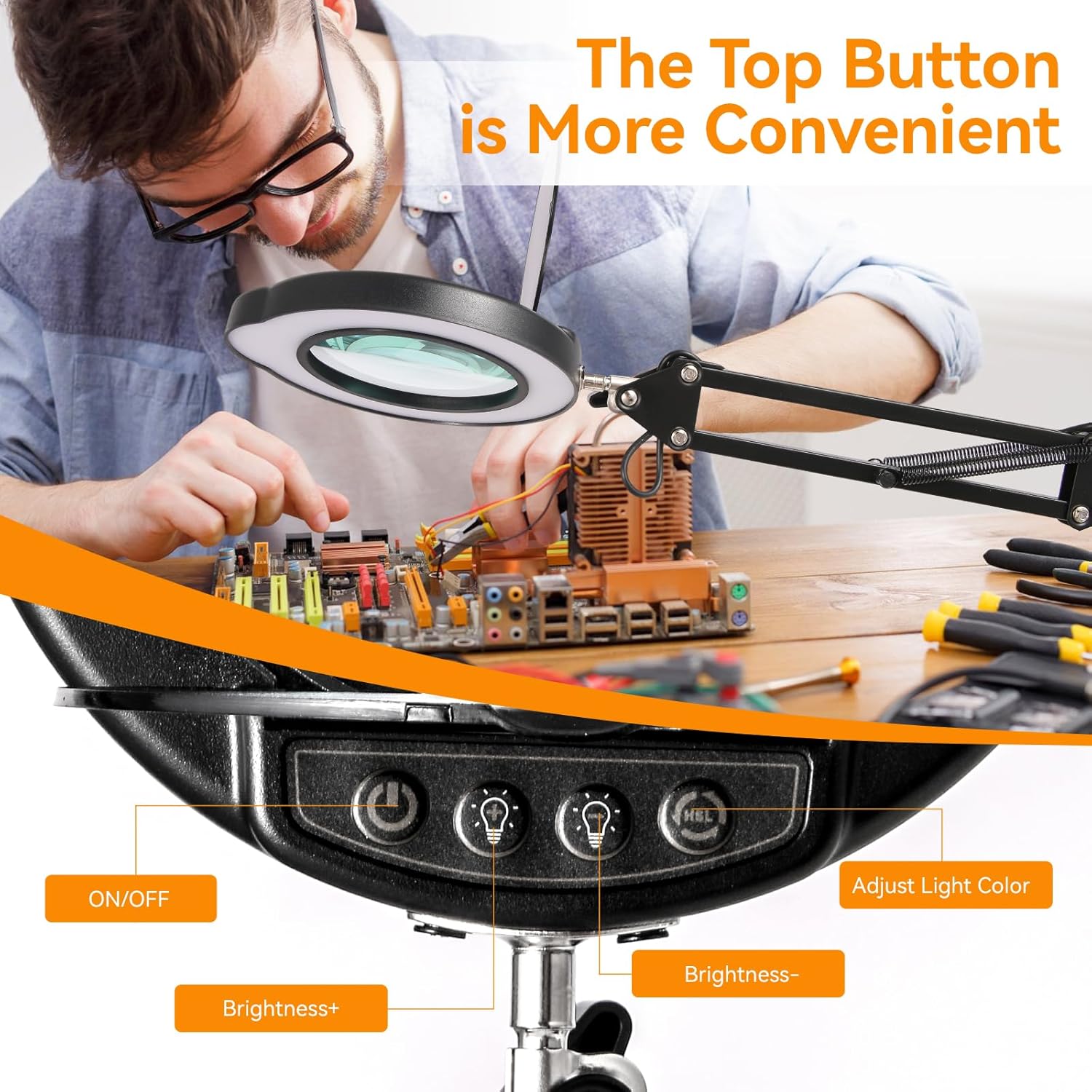 12XMagnifying Glass with Light and Stand|Magnifying Lamp with 3-Section Swing Arm,5 Color Modes LED Lighted Magnifier Lamp for Workbench (Black(Ultra Long))