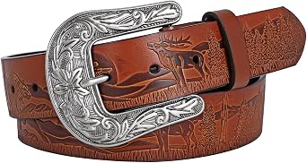 BELTROAD Western Leather Belt for Women Men 1.5" Embossed Country Belt Leather Cowboy Buckle Belts for Jean Vintage Belt Gift