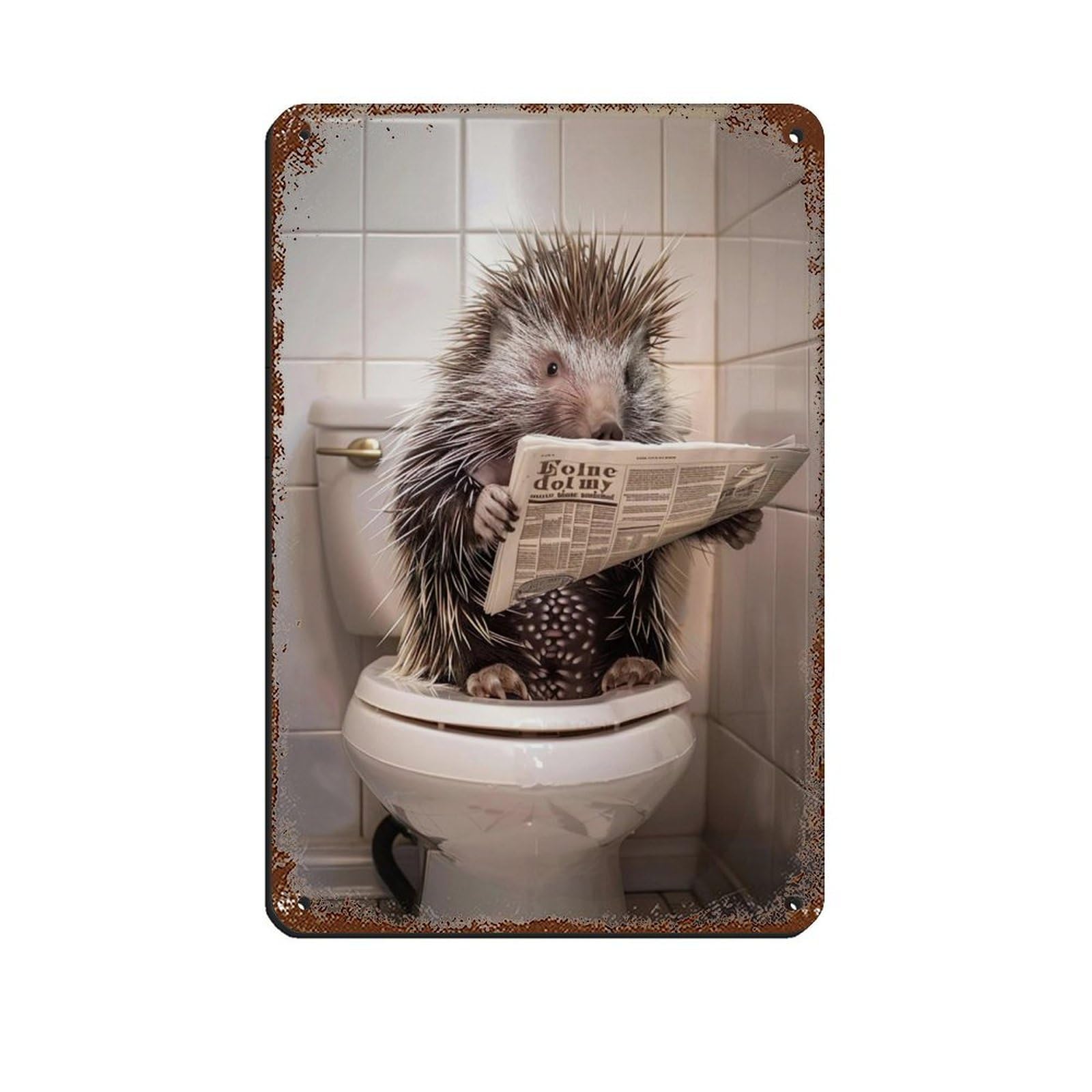 Porcupine Sitting on The Toilet Reading A Newspaper (6) Tin Sign Vintage Metal Pub Club Cafe Bar Home Wall Art Decoration Poster Retro 8x12inch(20x30cm)