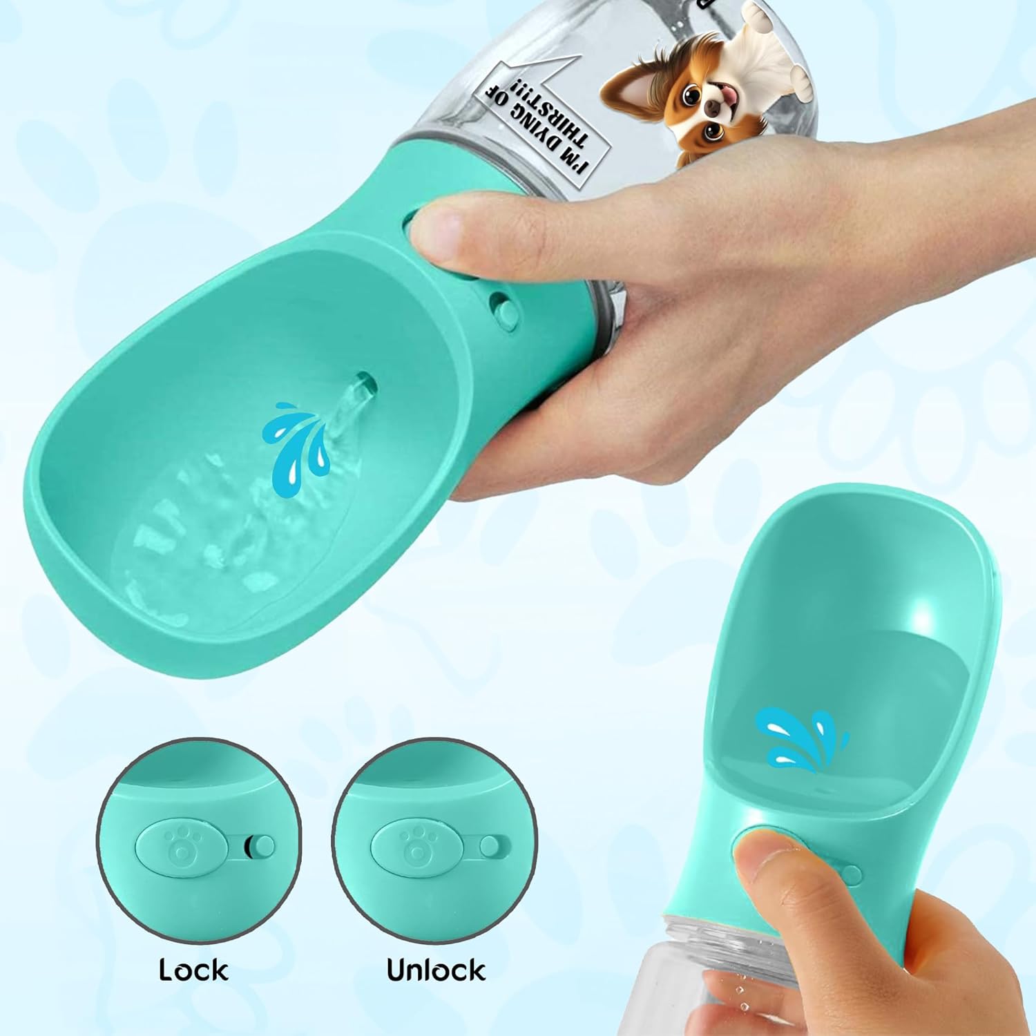 Personalized Dog Water Bottle - Custom 3D Cartoon Pet & Name, Portable Leak Proof Water Dispenser with Drinking Feeder, Dogs Cats Travel Walking Hiking Gifts for Pet Owners
