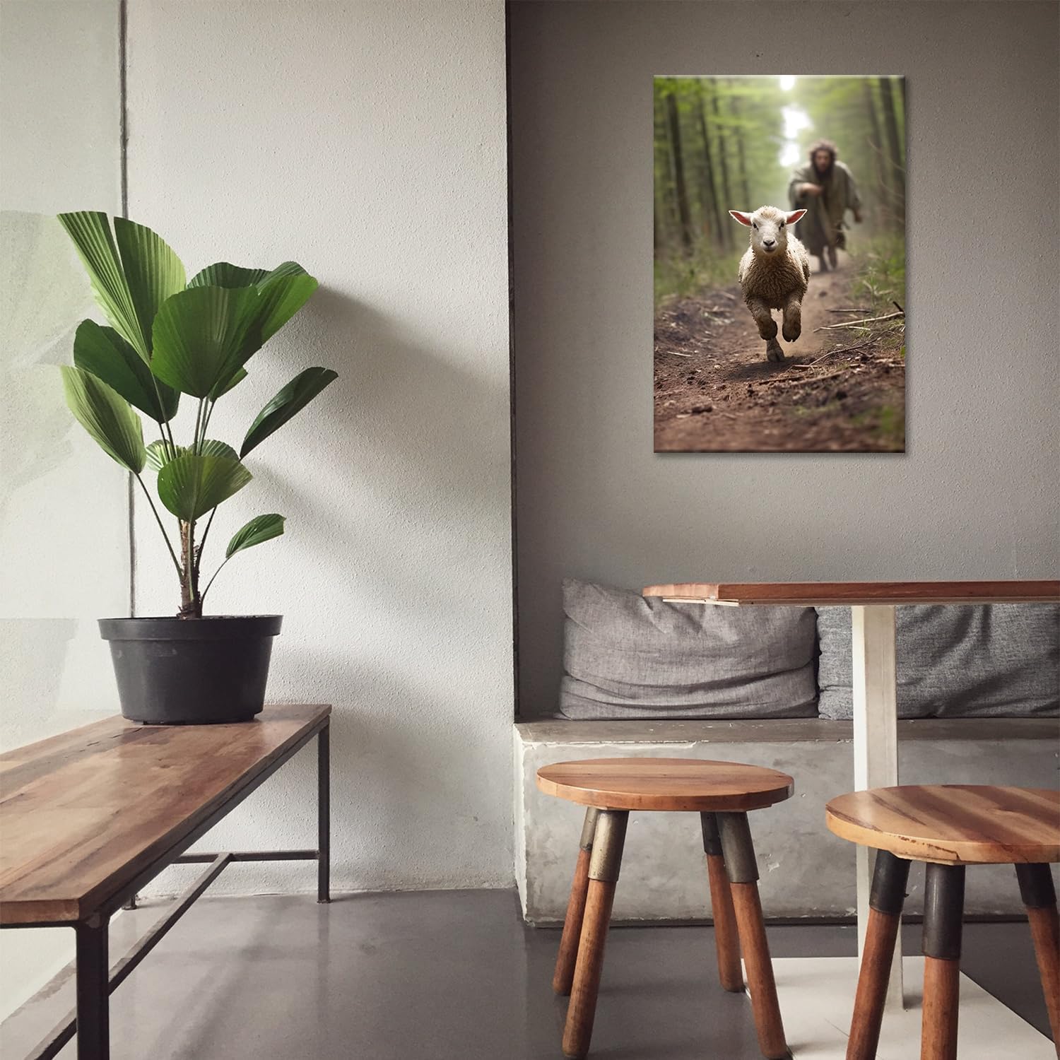 MODOJOART Jesus and Lamb Canvas Wall Art, Jesus Running after A Lost Lamb Painting Poster Christian Faith Picture Print for Church Bedroom Decor(Artwork-01, 12"x18")