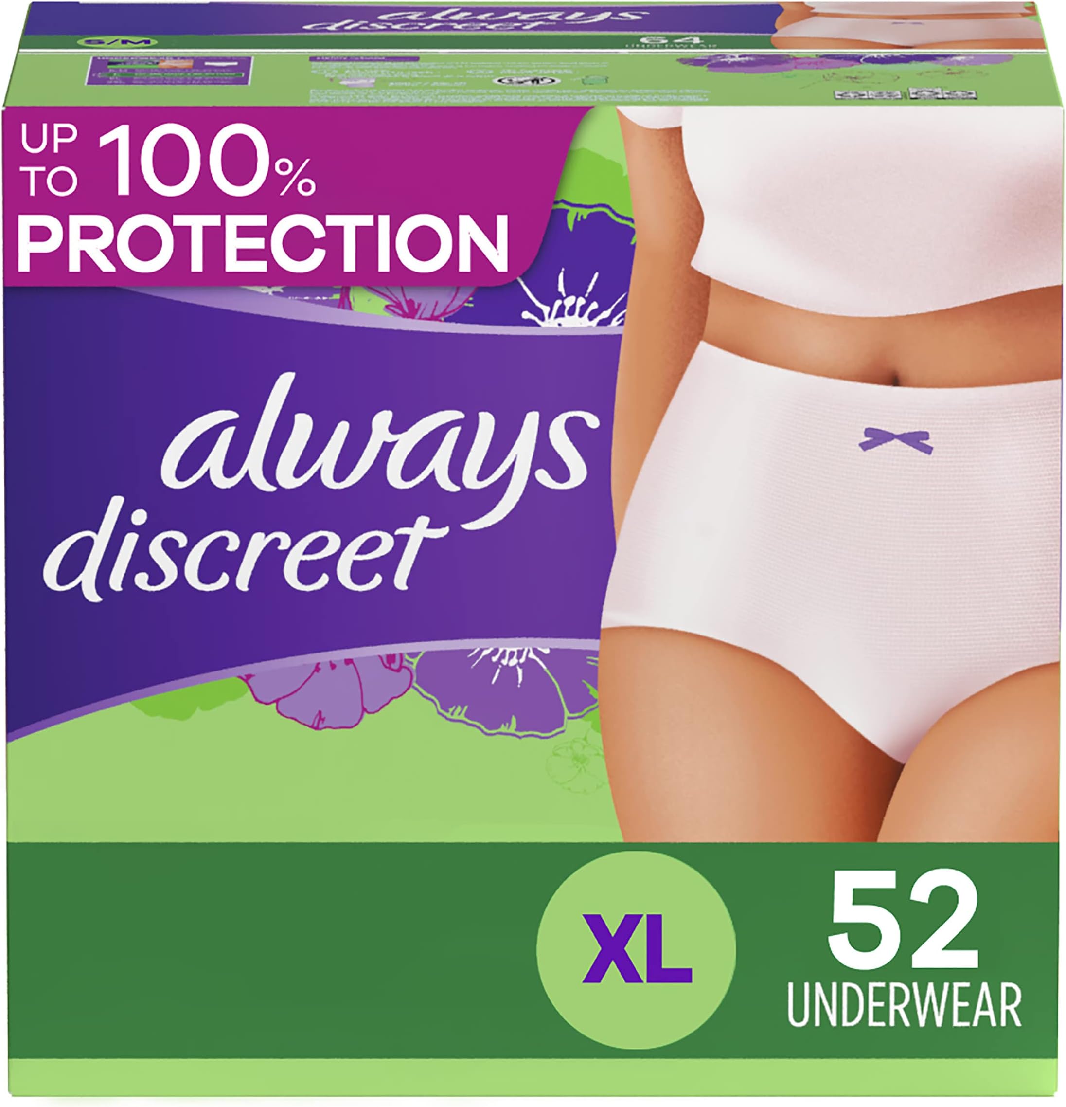 Always Discreet Incontinence & Postpartum Incontinence Underwear for Women, X-Large, 52 Count, Maximum Protection, Disposable (26 Count, Pack of 2-52 Count Total), Packaging May Vary