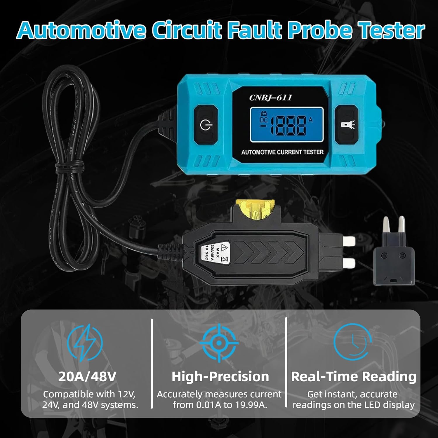 CNBJ-611 Automotive Circuit Fault Probe Tester, 0.01A~19.99A Portable High-Precision Fuse Tester Automotive Tool, with Led Display & Front Lighting, Probador De Relay Automotriz, Max 48v
