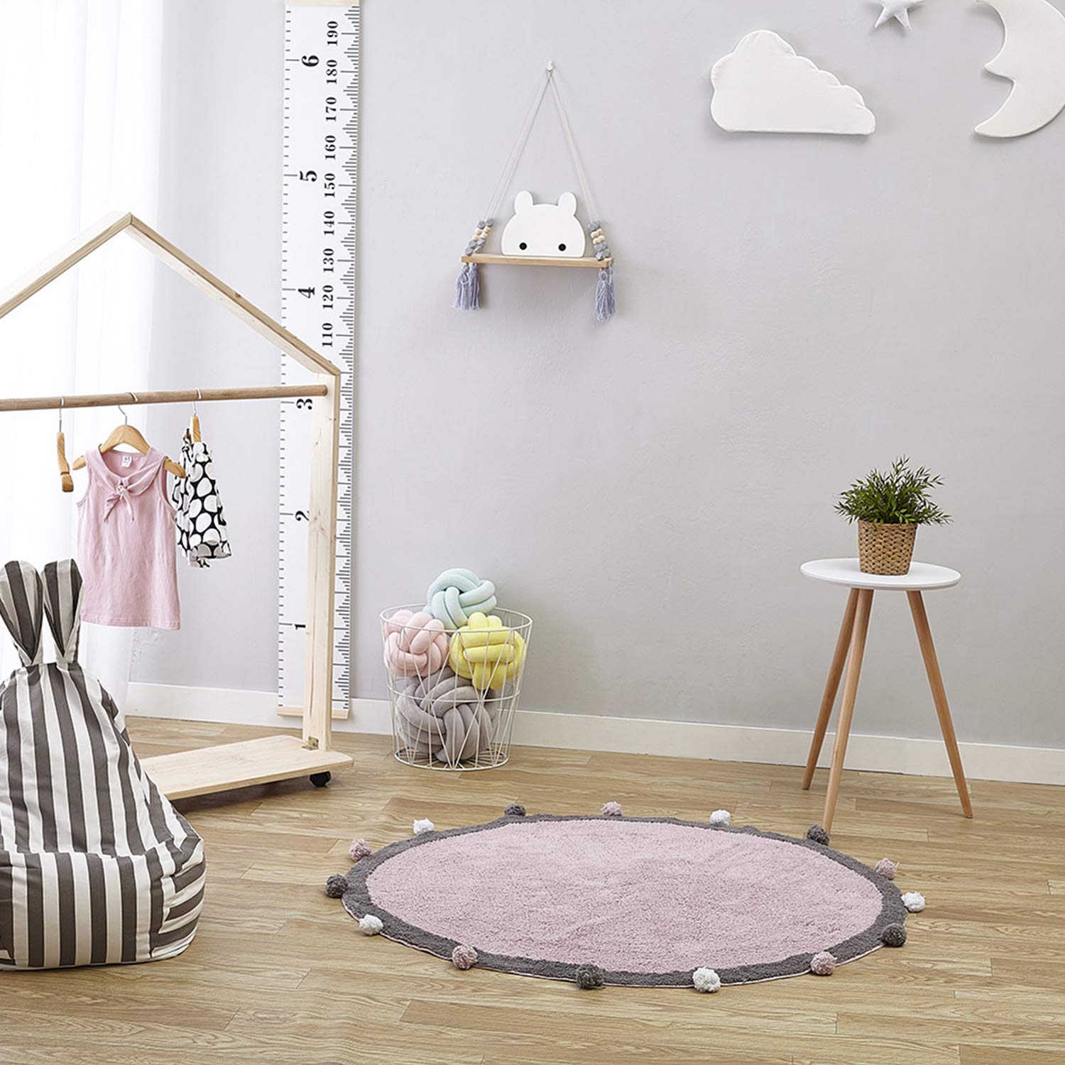 Alfombra De Algodón Suave Y Esponjosa, Tapete Redondo para Niños con Decoración De Bolas, Tapete Antideslizante Multiusos, 120 Cm Pink