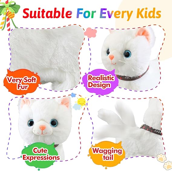 White Leash Walking Cat Set Singing that Purrs and Meows Animated Plush Robot Kitten Pet Moving Plush Realistic Stuffed Animal Remote Control Cute Kawai Robotic Kitty Toy for Kid