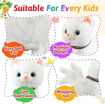 White Leash Walking Cat Set Singing that Purrs and Meows Animated Plush Robot Kitten Pet Moving Plush Realistic Stuffed Animal Remote Control Cute Kawai Robotic Kitty Toy for Kid