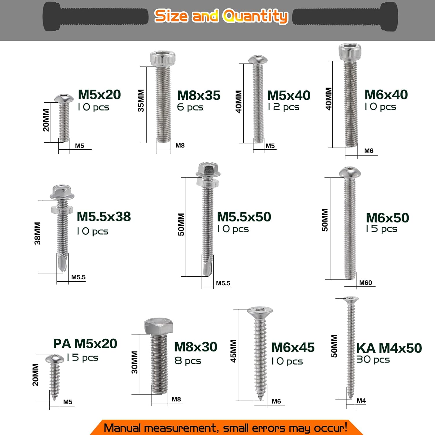 Knpwer 11 Types Screws Bolt Nut Washers Set,Hex Socket Head Cap Screws
