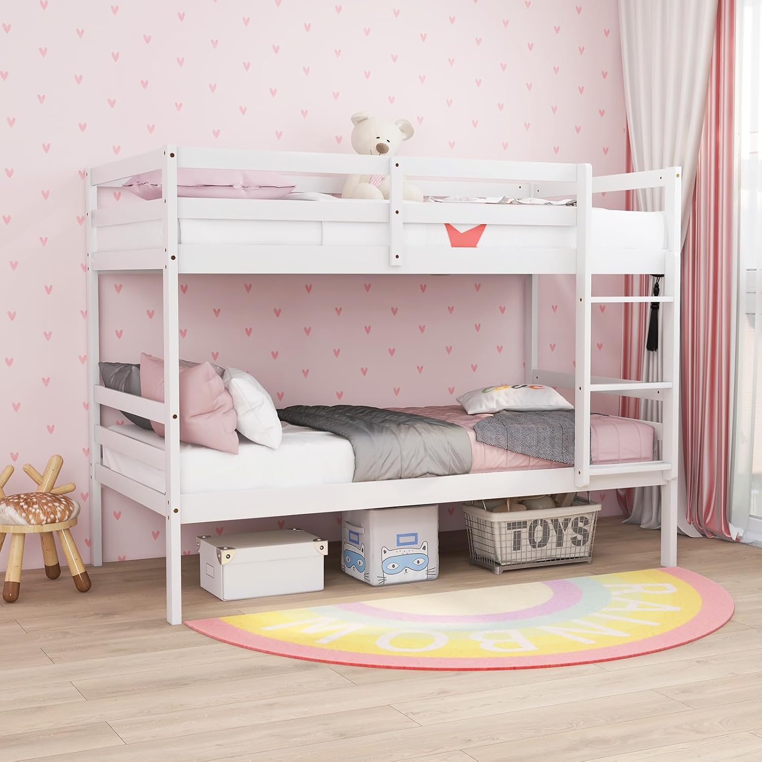 Twin Over Twin Bunk Bed, Space Saving Wood Bed Frame w/Under Bed Storage, Ladder & Guardrail, Dorm & Multichild Family, Modern Bunk Bed for Kids, Teens, Sleepovers, Adults (White)