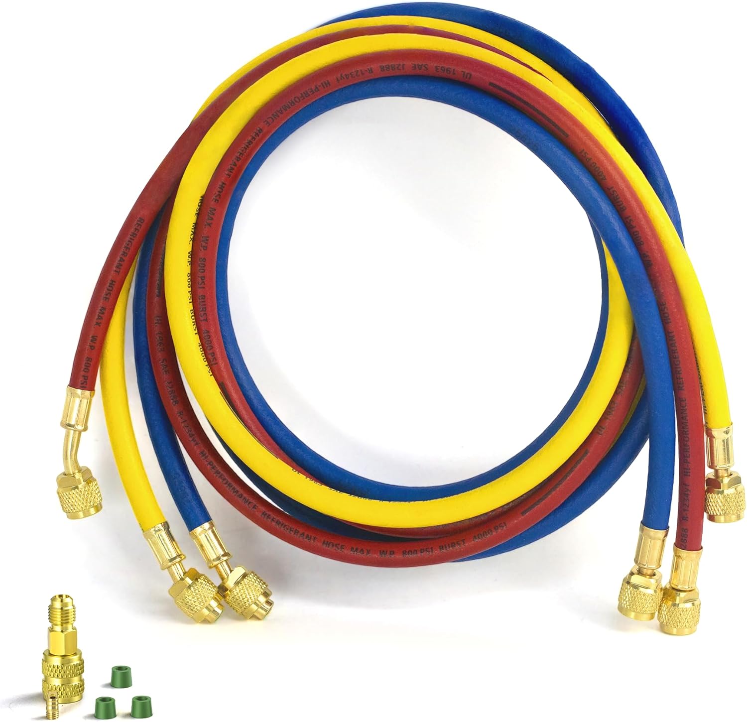 2026 Upgraded 1/4" A2L Refrigerant Hoses, 8FT, 1 * 180° Left-Hand Thread Adapters, Custom Pressure Relief Groove, for R-1234YF/R-134A/R-32/R-454B/R-410A, Yellow/Red/Blue(3 Pcs)
