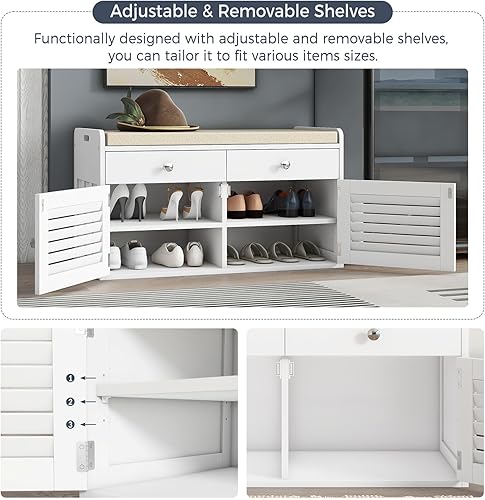 Miniatura 4 de Banco de almacenamiento de 2 niveles, banco de zapatos con cojín de asiento acolchado, banco de entrada con 2 cajones y estantes ajustables, color