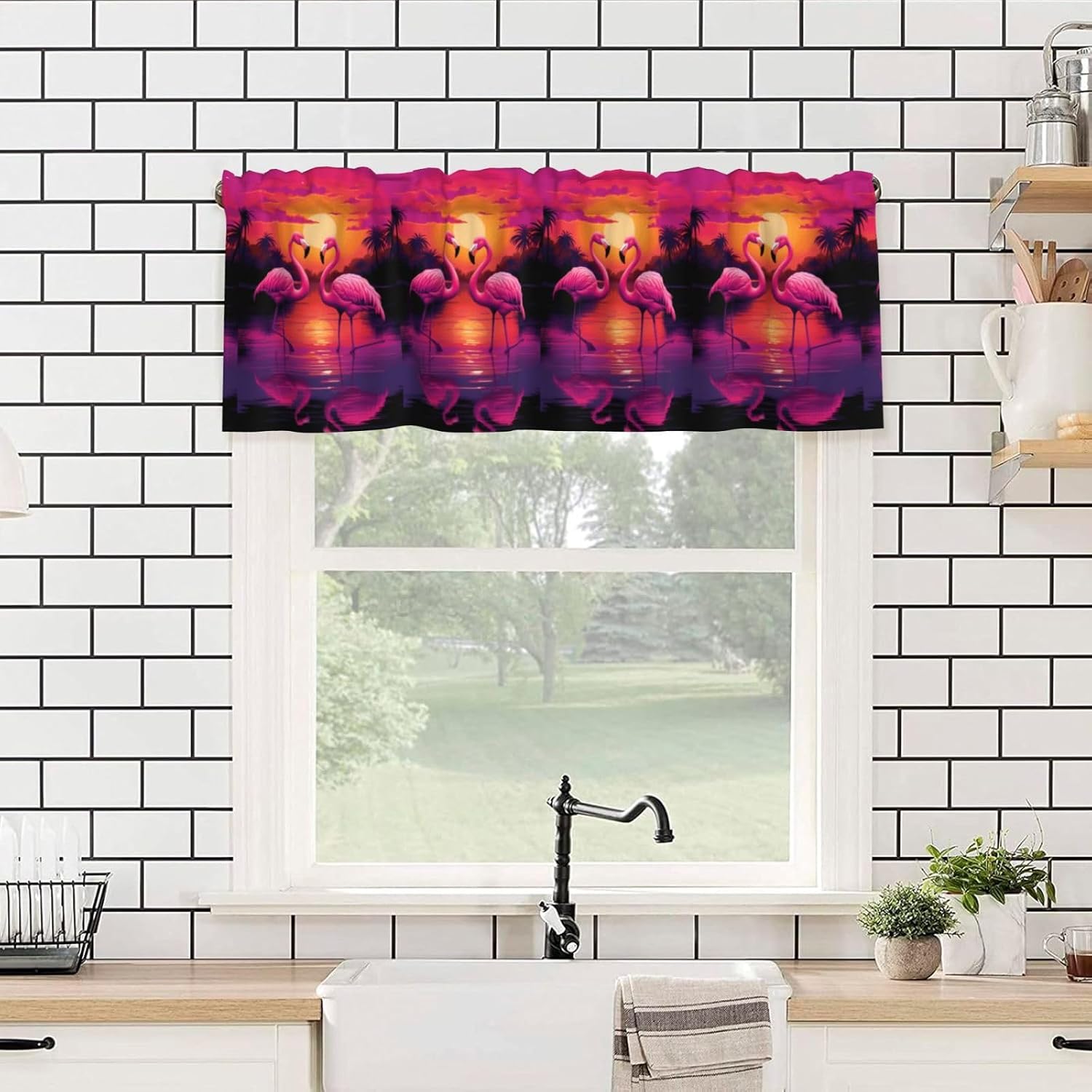 Valance for Windows Pink Flamingo Sunset Kitchen Curtains Valances Rod Pocket Window Treatment Short Topper Curtains 1 Panel, 54x18inch