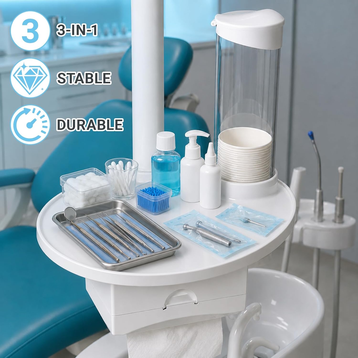 3-in-1 Dental Chair Side Tray Organizer with Cup Holder & Tissue Box