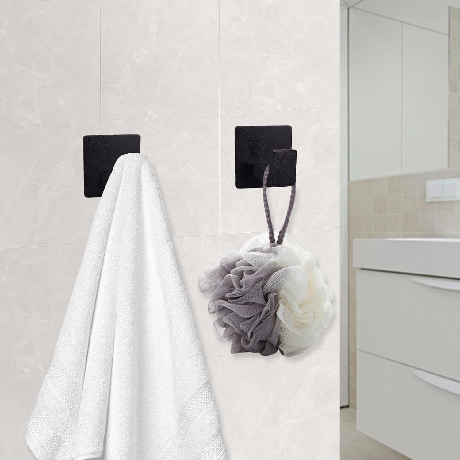 2 Pack Matte Black Square Self-Adhesive Heavy-Duty No-Drill Wall Hook for Hanging Towels, Coats, Clothes in Bathroom, Kitchen, Bedroom, Office