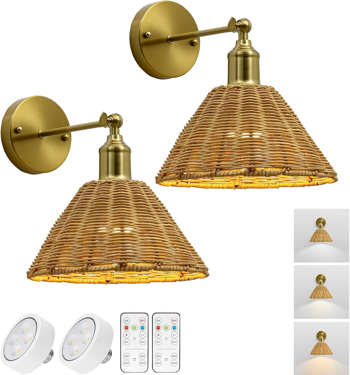 2 Pack Battery Operated Bamboo Rattan Wall Sconce, Black Vintage Rattan Dimmable Sconce, Unique Bohemian Style Design for Bedroom, Living Room, Kitchen