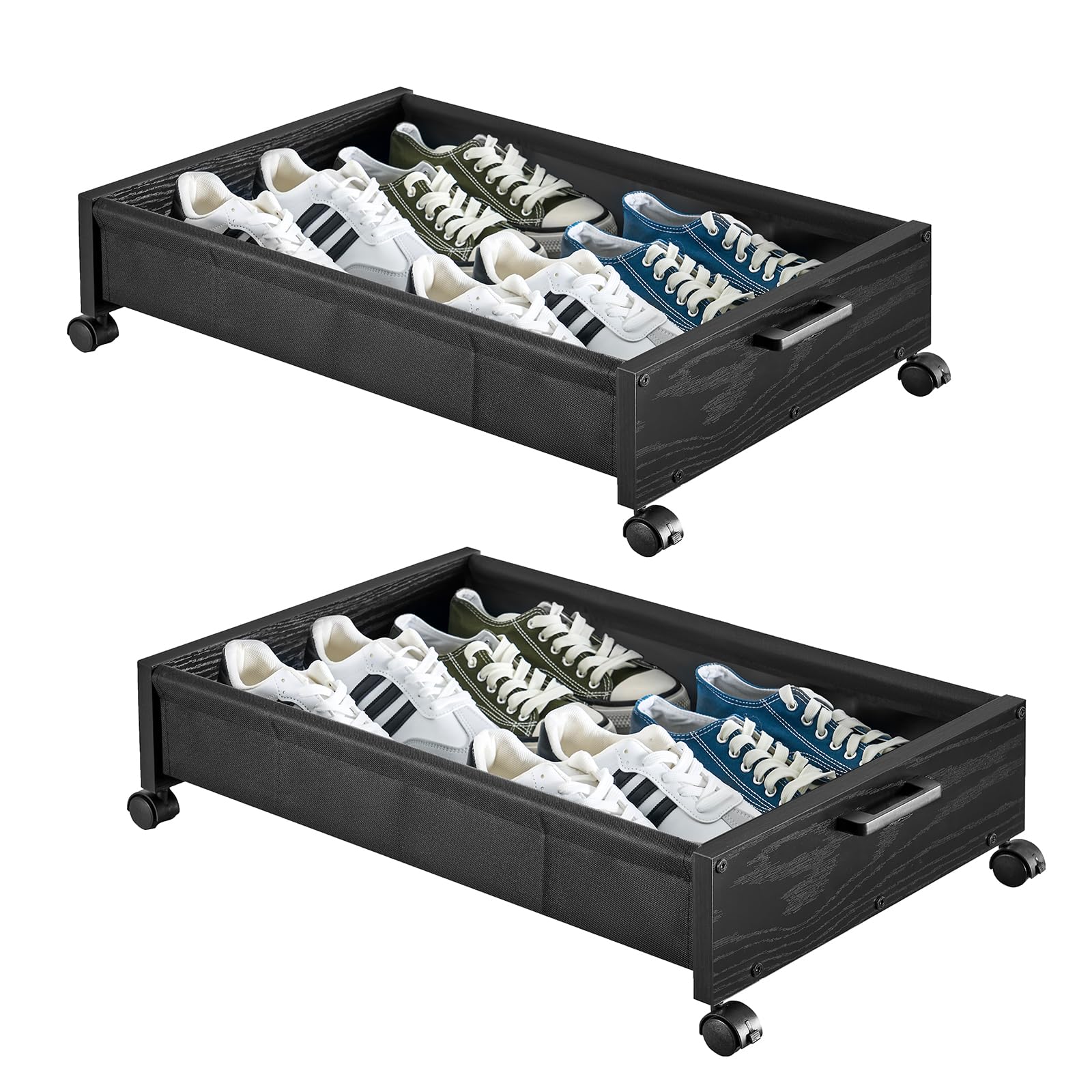 FOUCSSOMEI Under Bed Storage with Wheels, Under Bed Drawers Heavy Duty, 2 Packs, Wooden Under Bed Storage Containers Organizer, Metal Frame, for Clothes Books Blankets, Patented Design