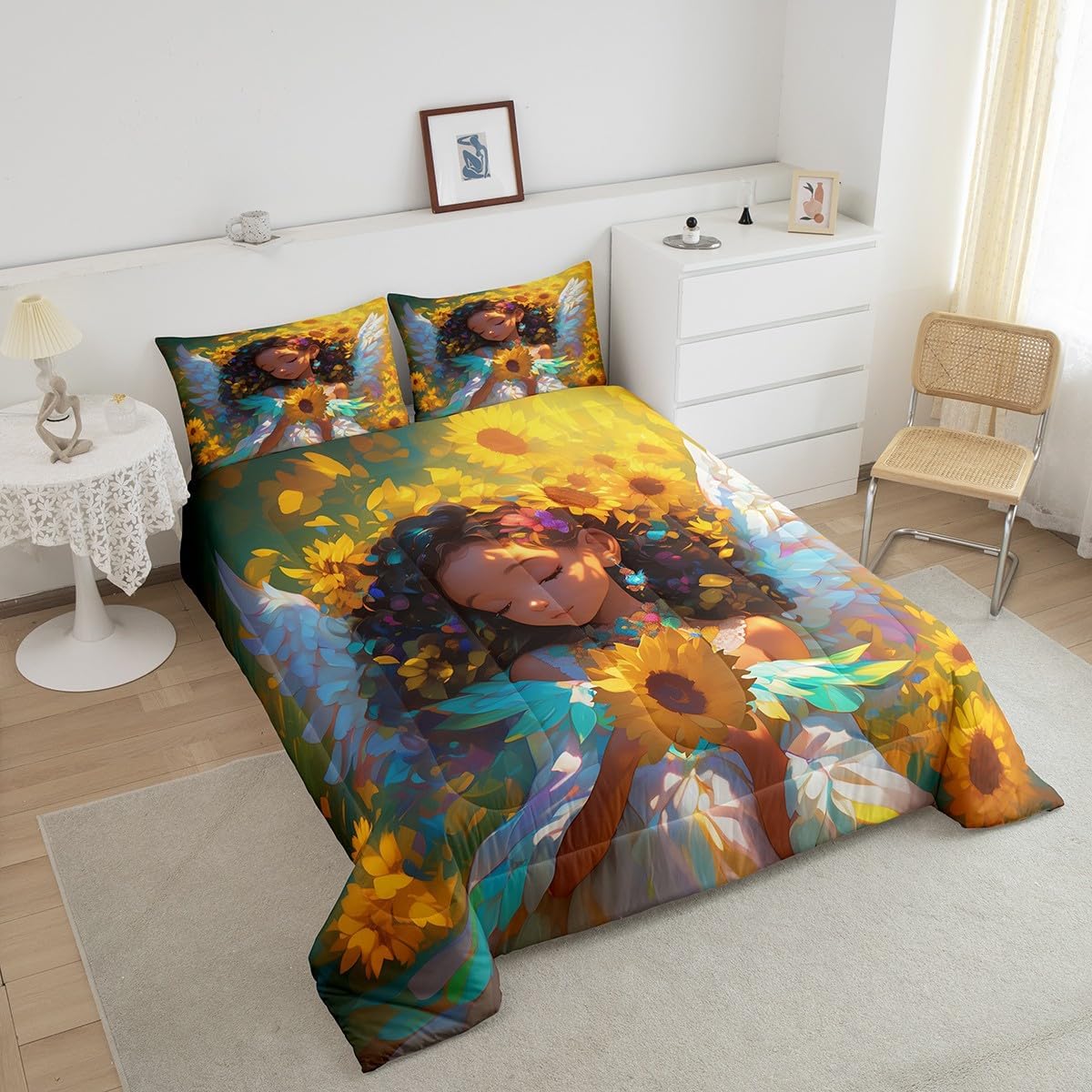 Castle Fairy Dreamy Angel Comforter Set Toddler Size American Style Cute Girl Bedding Set Kids Girls Spring Theme Sunflower All Season Quilt Set White Wings Bedding Comforter Sets,2Pcs