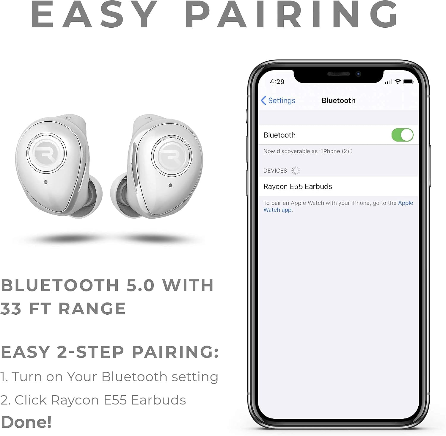 The Performer Raycon Bluetooth Earbuds with Microphone - E55 True Wireless - 5.0 Deep Bass in-Ear Headphones with Wireless Charging - White (Renewed)