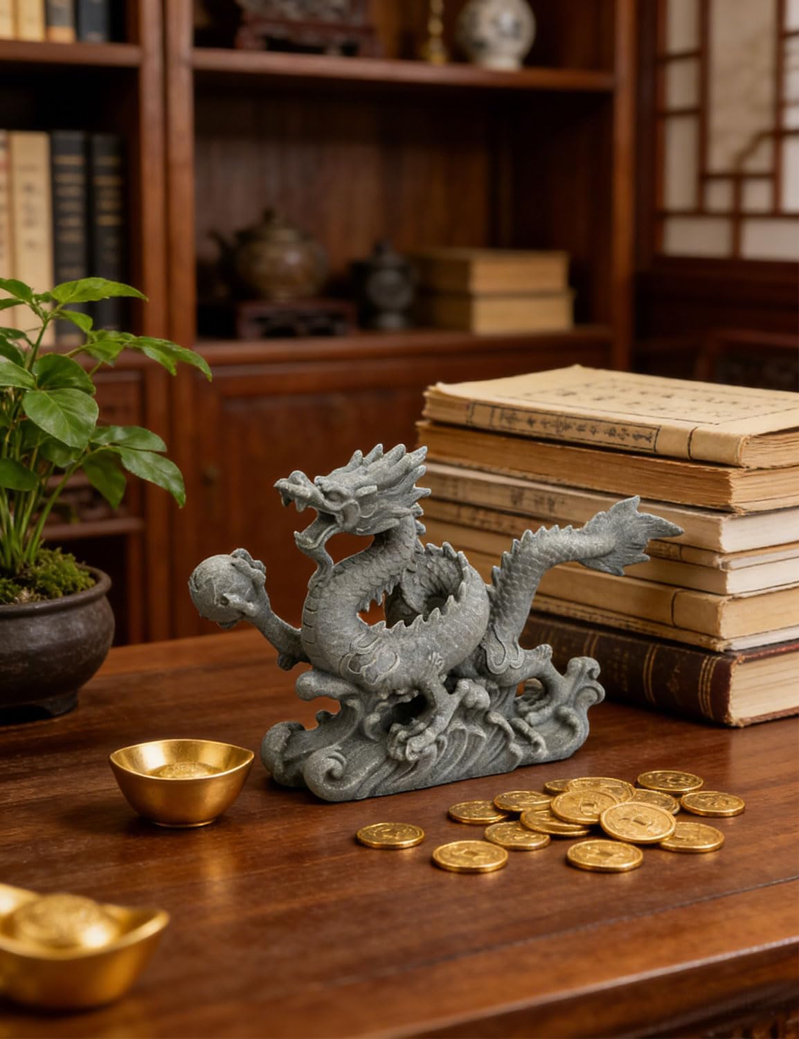 Chinese Dragon Statue, Feng Shui Prosperity Symbol, Sandstone Figurine Home Office Entryway Meditation Altar Decor Good Luck Charm