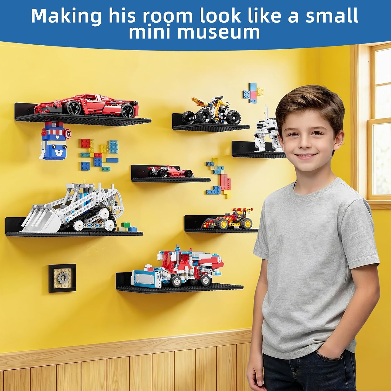 5x5 Display Shelves for Legos Wall Mount Magnetic Base (6 Pack) | Detachable, Expandable, Two-Sided, Floating Shelves for Lego Minifigure Car Display, Gifts for Adults Collectors, Black