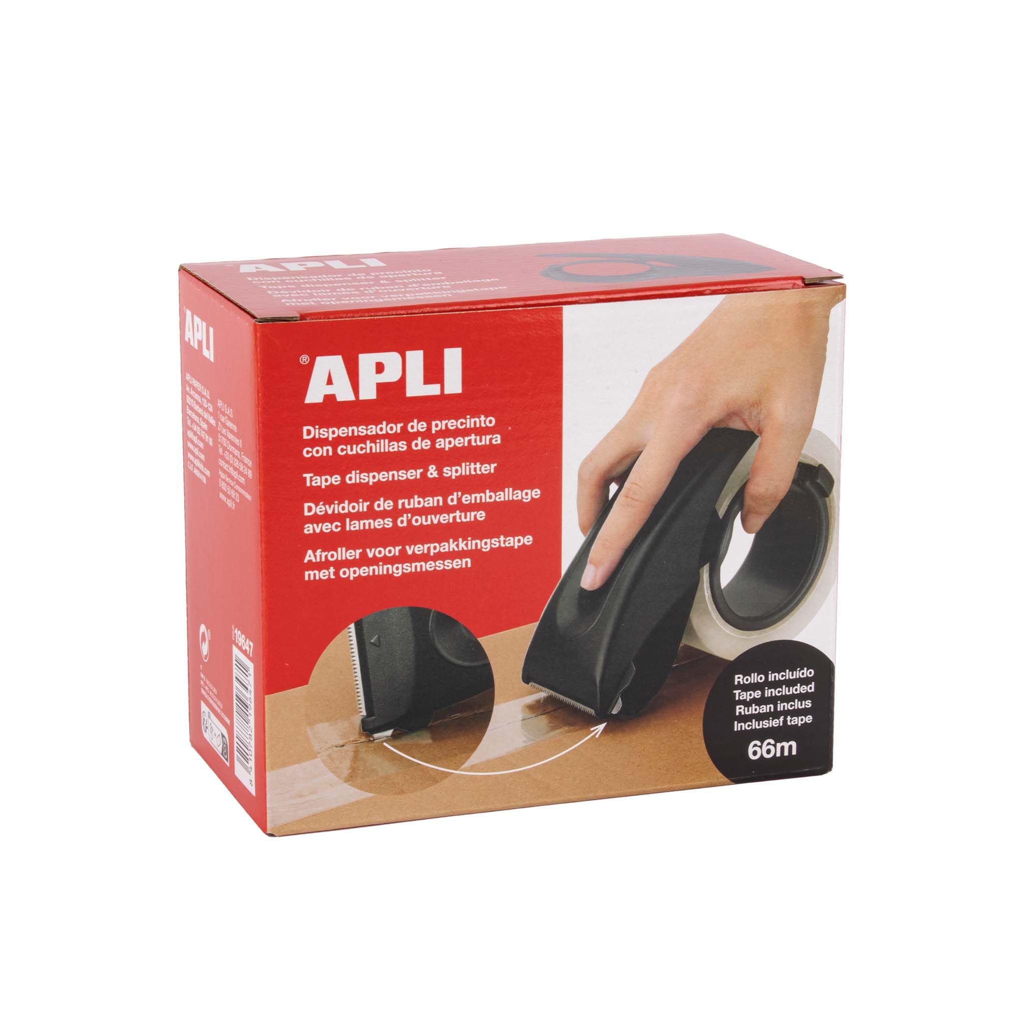 APLI 19647 2-in-1 Packaging Tape Dispenser with Opening Blades, Hand Sealer with Roll Included