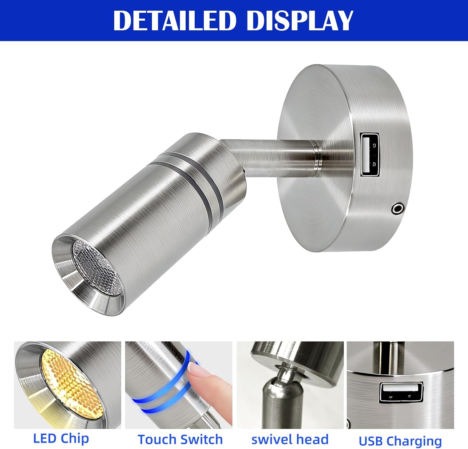 THALASSA 2-Pack Small 12V RV Interior Lights with USB Port, Brushed Nickel Camper Bedside Reading Lamp for Motorhome, Fifth Wheel, Caravan Van Travel Traile Boat