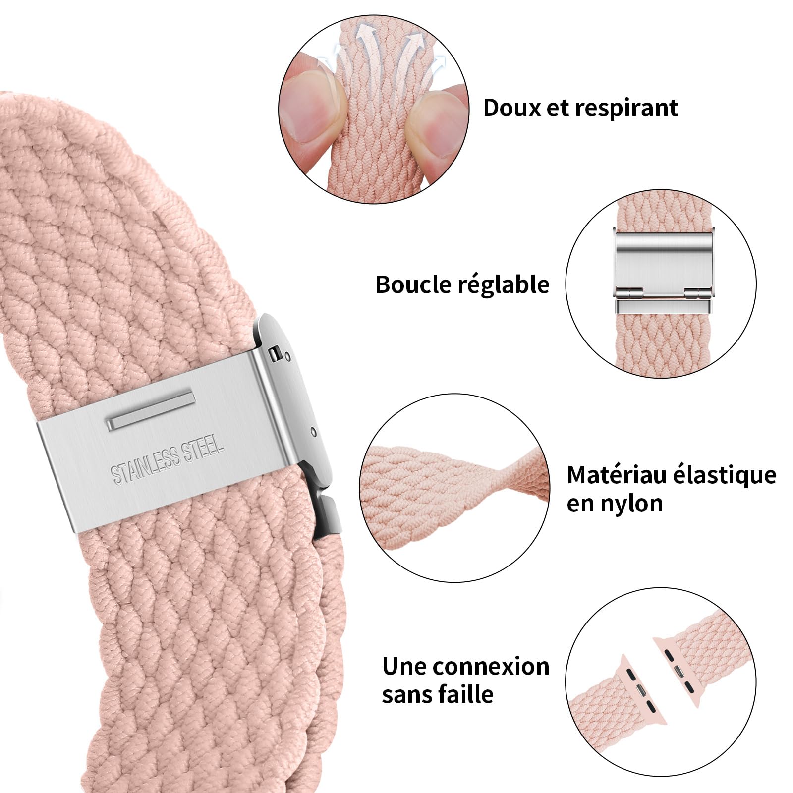 Nepfaivy Cinturino Compatibile con Apple Watch Cinturino 49mm 45mm 44mm 42mm per Donna Uomo,Cinturini di Nylon Ricambio Intrecciato Regolabile per iWatch Series Ultra/SE/8/7/6/5/4/3/2/1(M,Rosa)