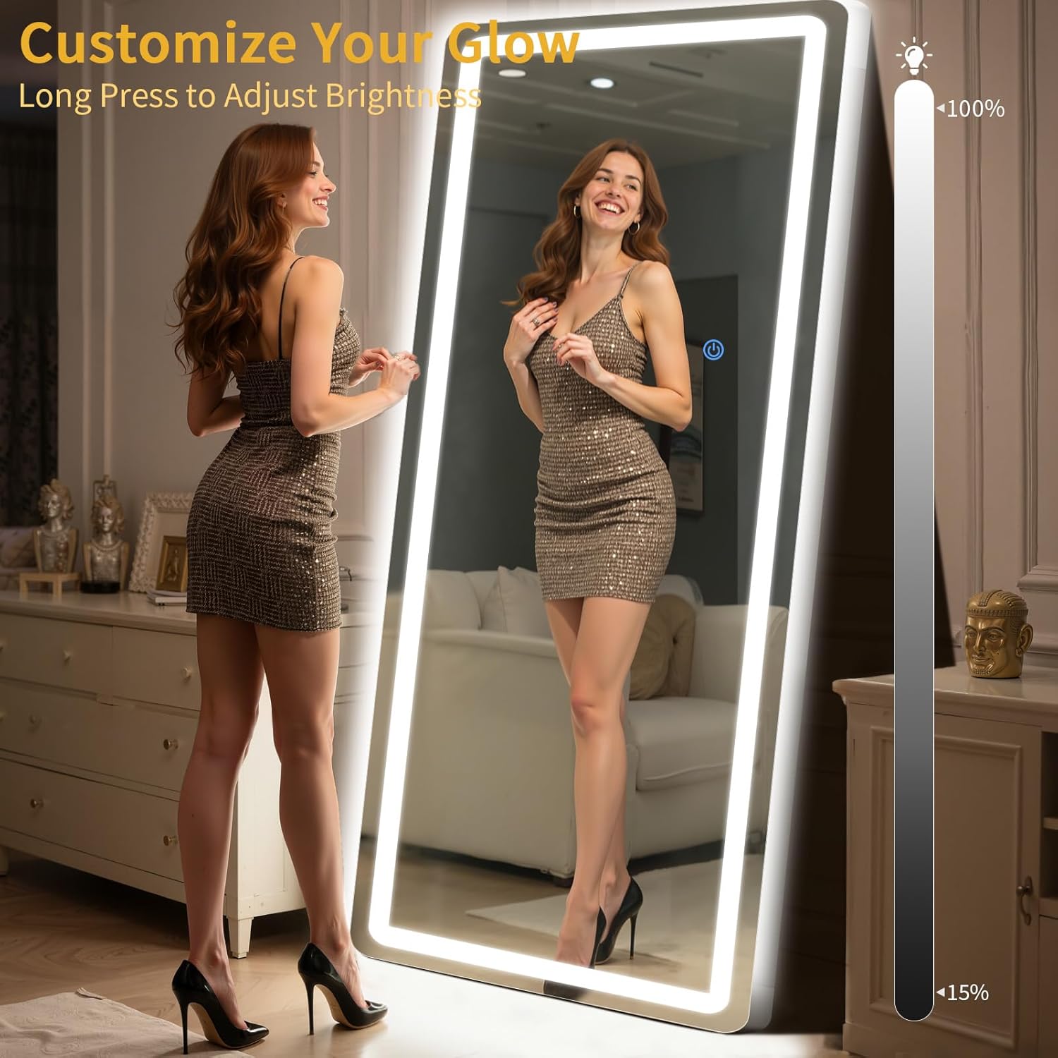 Standing Mirror Full Length with LED Lights, 76"x34" Lighted Mirror with Dimming & 3 Color Lighting, Tall Mirror Full Body for Bedroom, Dressing Room