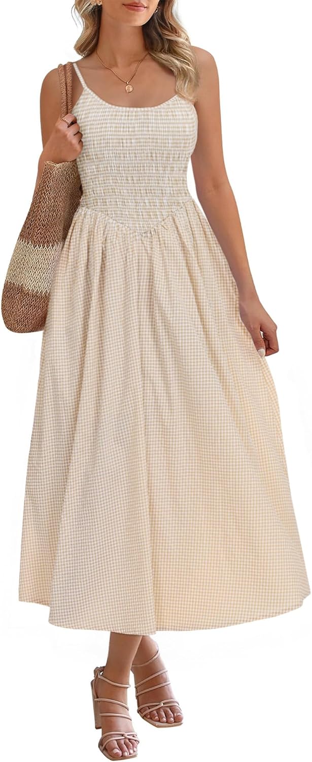 Relipop Women's Summer Midi Dresses 2026 Casual Plaid Sleeveless Spaghetti Strap Smocked Tiered Beach Sundress & Pockets - Image 6