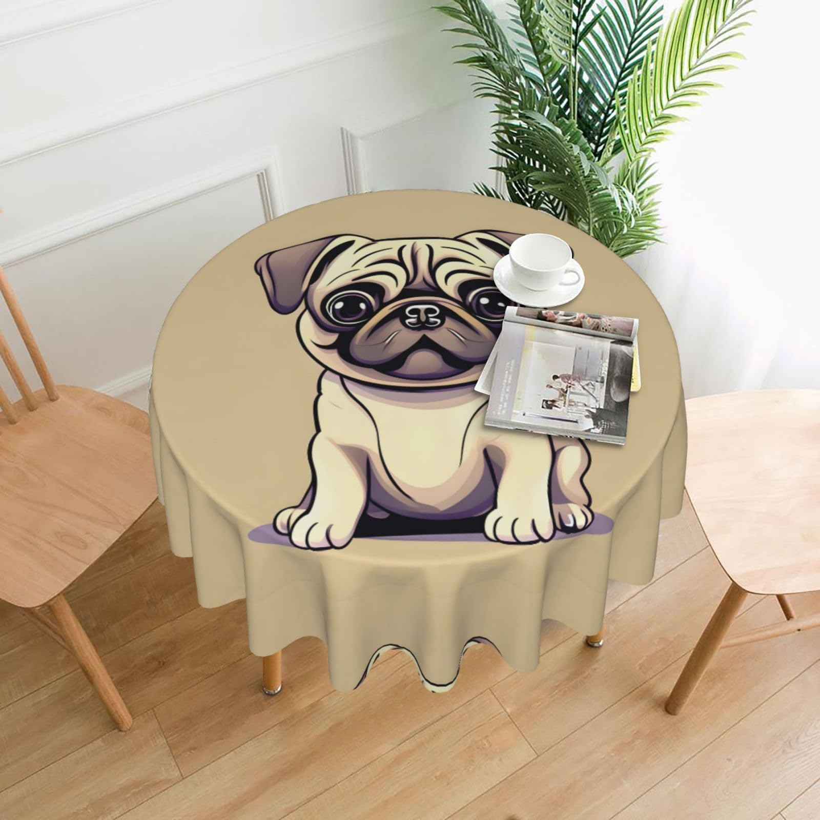 Nbtghga Funny Cartoon Pug Puppy Dogs Print Tablecloth Round Border Table Cloth Cover Decorative For Party Holiday Dinning Tabletop Home