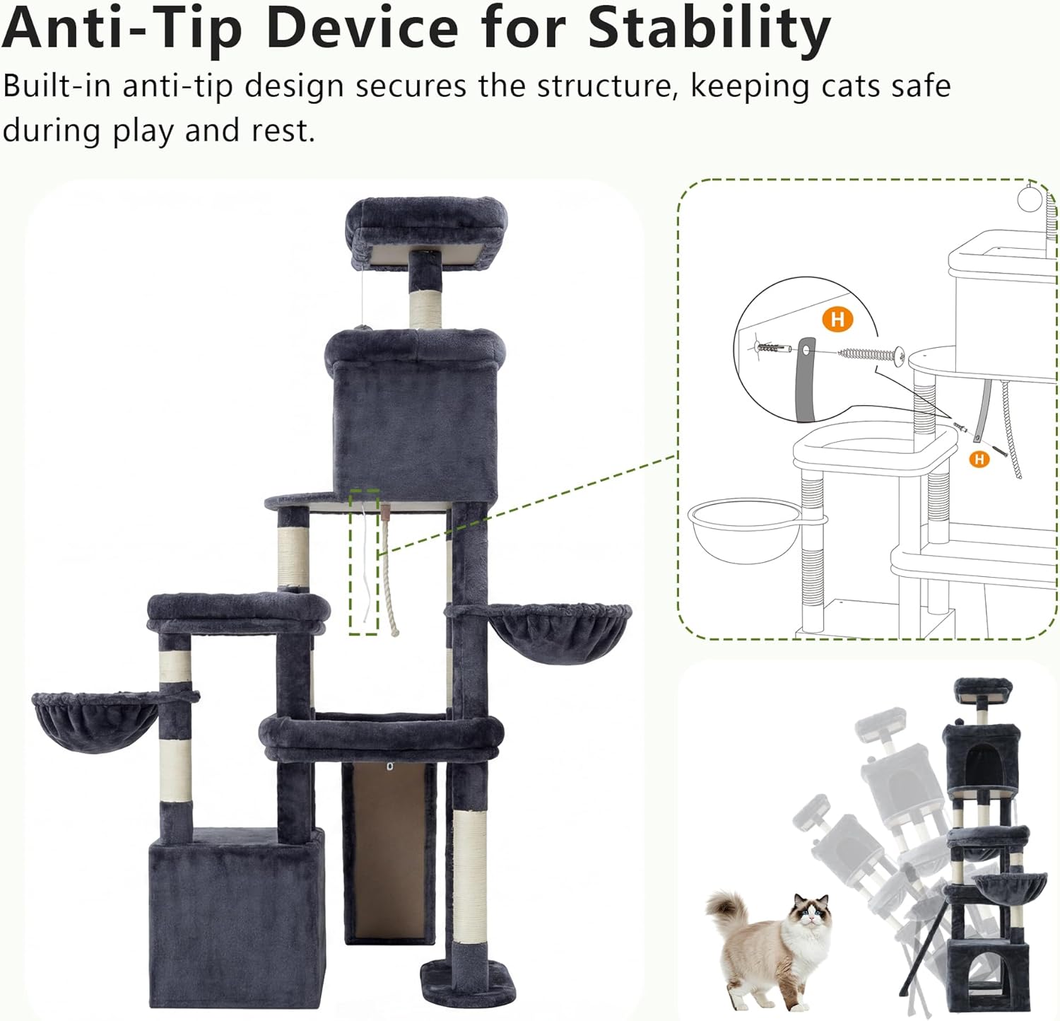 Heybly Cat Tree, 72.4-Inch Anti-Tip Cat Tower for Large Cats, All-in-One Cat Furniture with Spacious Perches, Multiple Interactive Areas, Extra-Large Sisal Scratching Board, Smoky Gray HCT060G