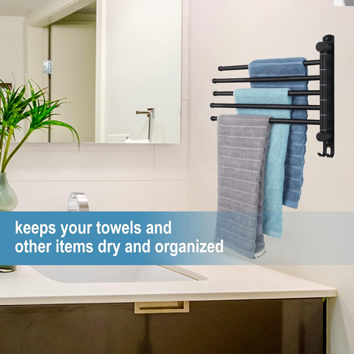 Matte Black 6 - Arm Stainless Steel Swivel Towel Rack with Hook: Wall - Mounted, Rustproof Space - Saver for Bathroom & Kitchen - 180° Rotation, 14kg Capacity