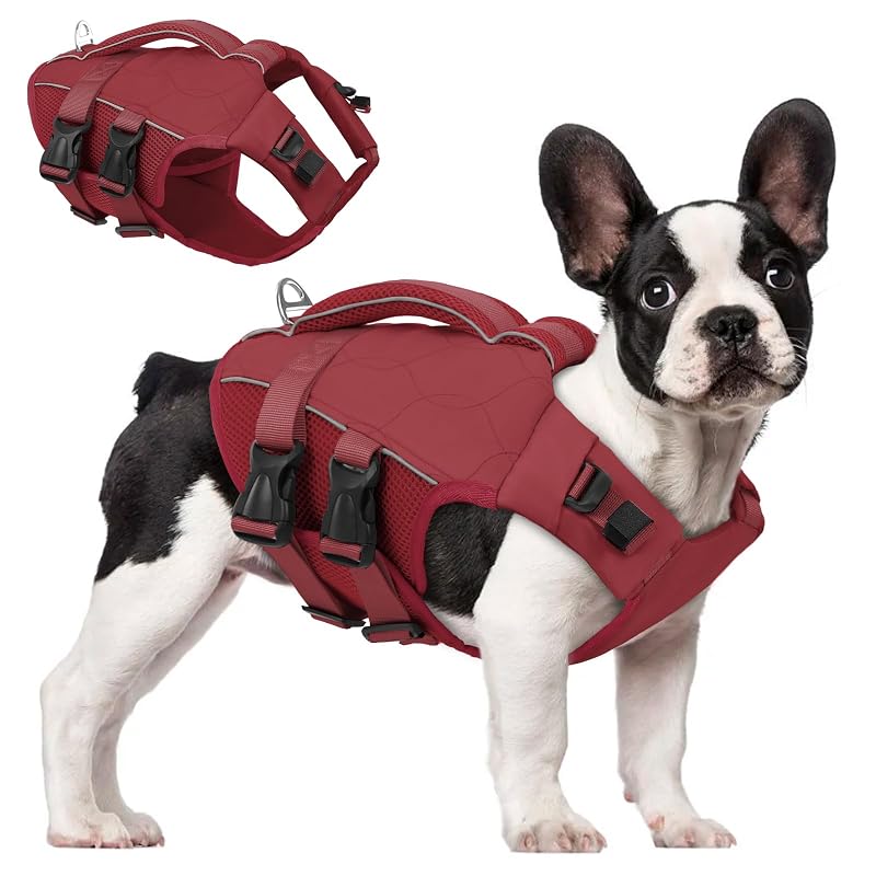 Colete salva-vidas para cães ASENKU com alça de resgate e espuma EPE/EVA, Wine Red, X-Small