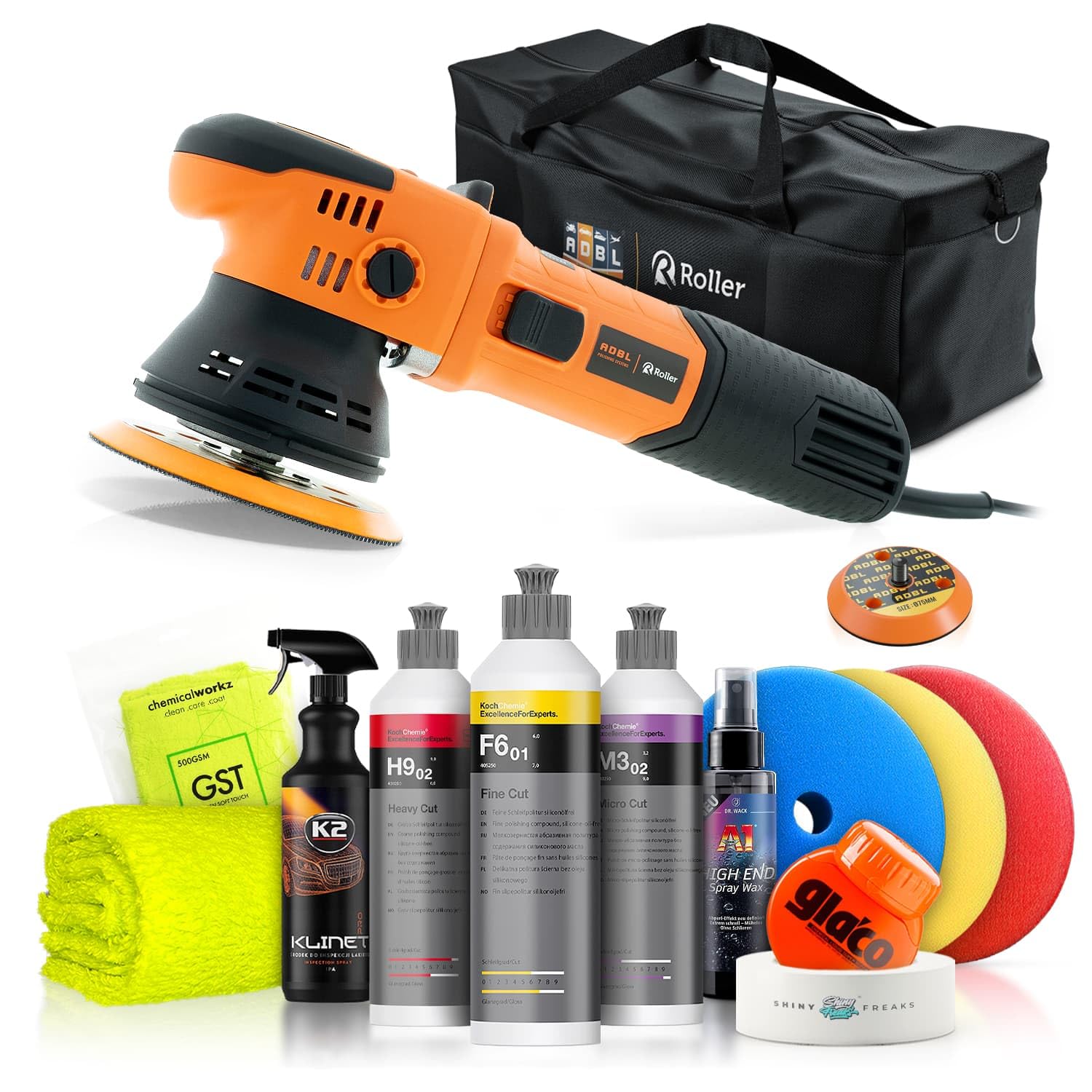 Poliermaschinen Set: ADBL D09125 Exzenter Poliermaschine + Koch Chemie Politur Set + Royal Pads Premium Polierpads + Dr. Wack Versiegelung für Lack- & Scheiben + Zubehör | 12-teilig