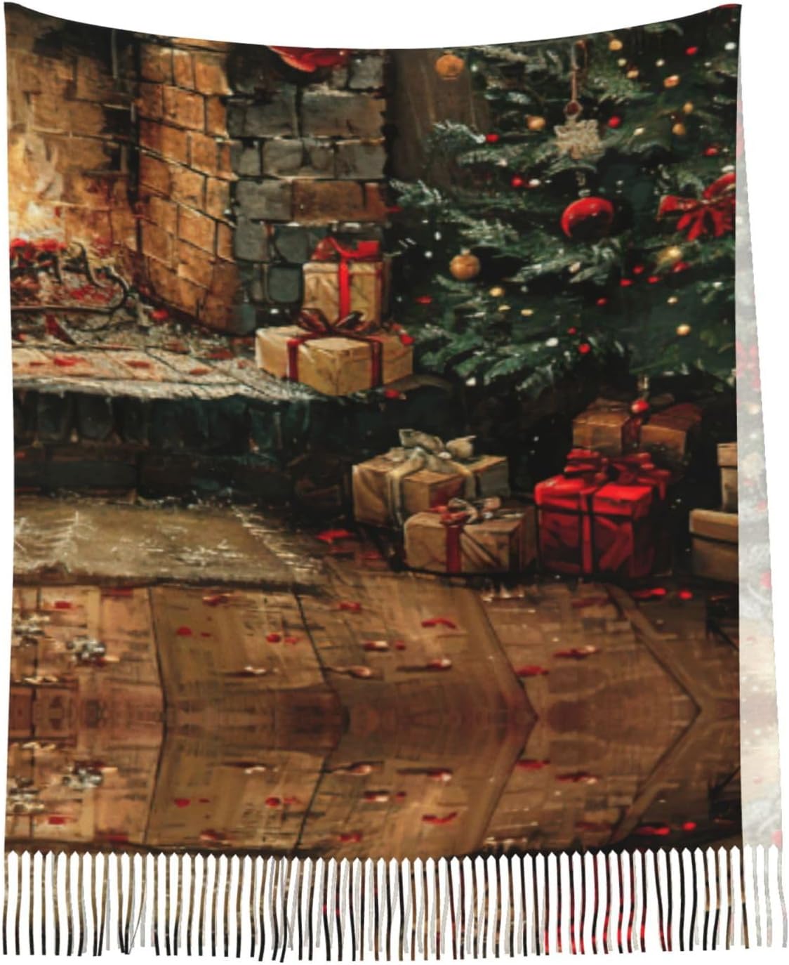 Elegant Merry Christmas Print Tassel Scarf, Warm Winter Accessory,77.6" X 28.3" Faux Cashmere Scarf