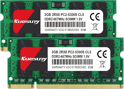 Kuesuny 4 GB Kit 2 x 2 GB DDR2 667 MHz Sodimm Ram PC2-5300 PC2-5300S 1.8 V CL5 200 Pin 2RX8 Upgrade of unbuffered laptop memory modules without ECC