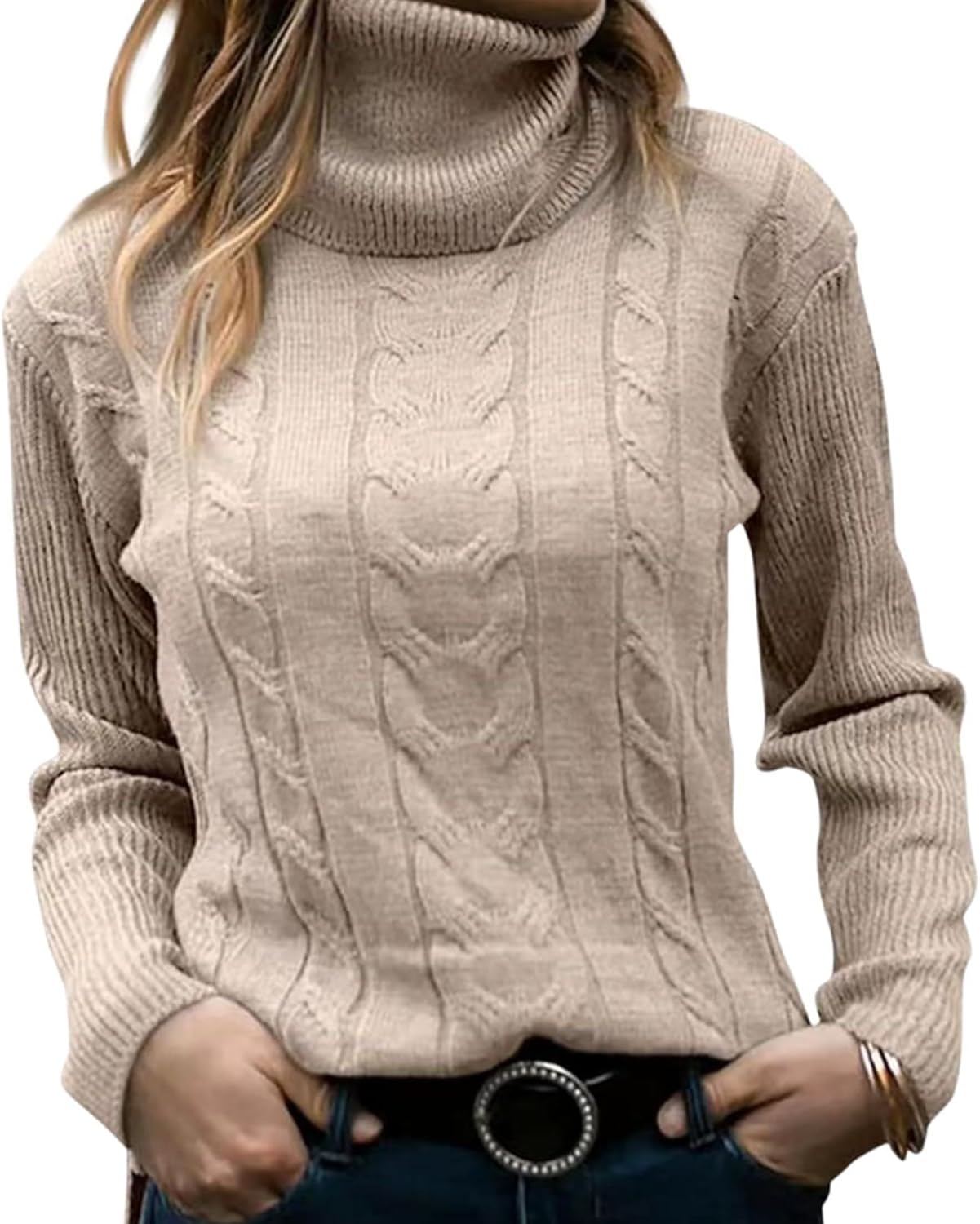 Womens Cable Knit Turtleneck Sweaters 2025 Winter Warm Long Sleeve Pullover Casual Tops