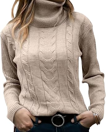 Cable Knit Sweater for Women Turtleneck Long Sleeve Fall Winter Business Warm Pullover Top Solid Color Casual Jumper