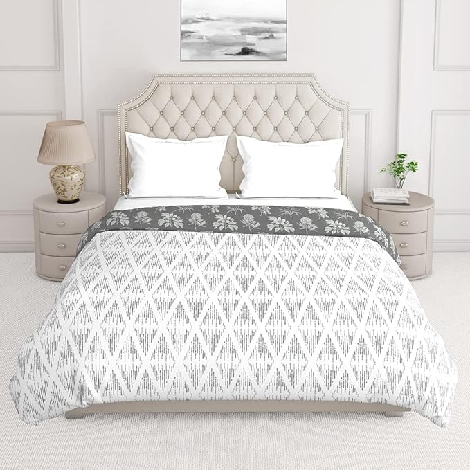 Layers 100% Cotton Comforter for Double Bed Queen Size, 144 TC (Light Grey/White, Geometry Pattern) Illuminating Homes Collection, Light Weight, Breathable, Moisture Absorbent, All Season Comfort