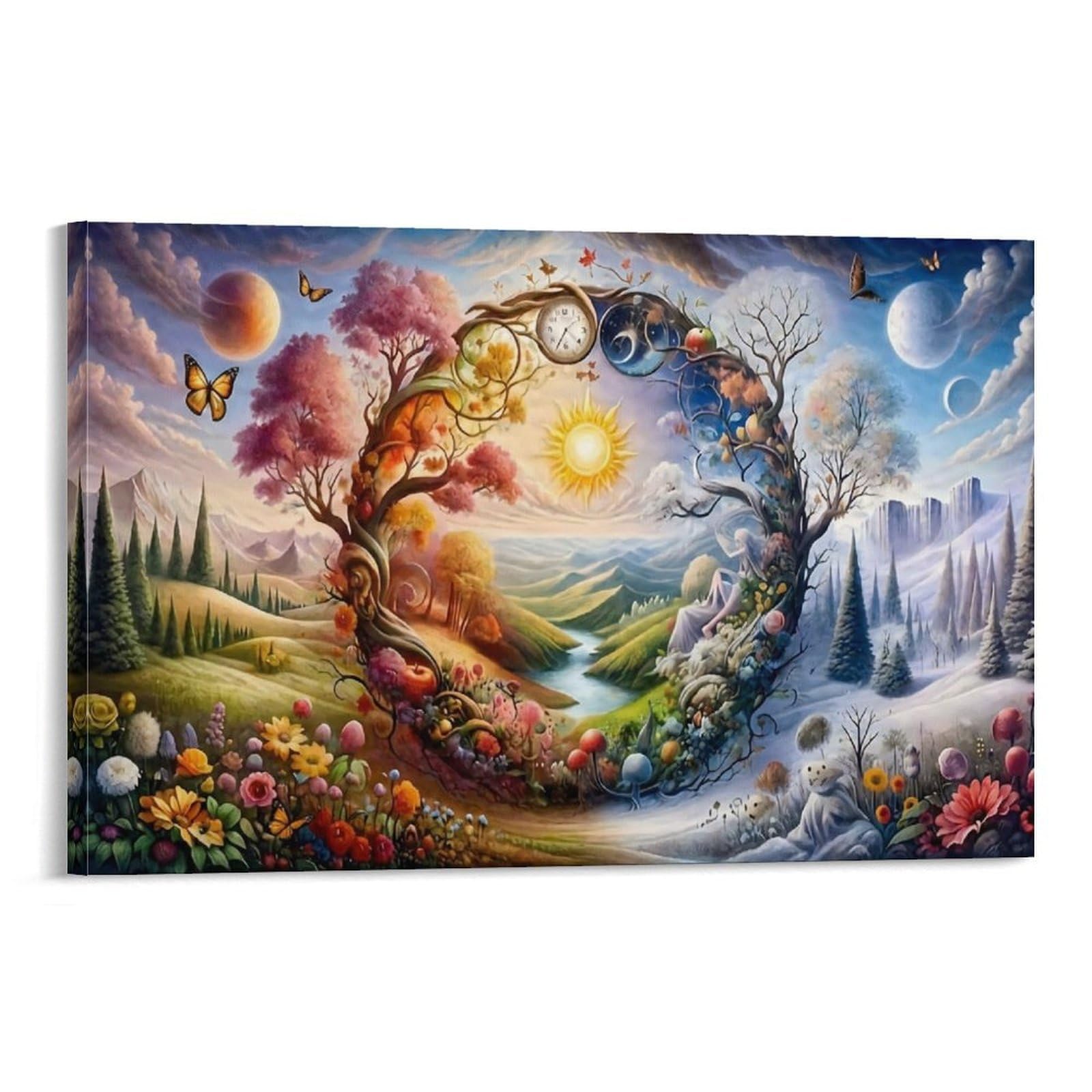 CPLVKWRQJ Seasons Cycle Fantasy Single Circular Seasonal Tree with Sun And Moonscape Canvas Wall Art - Birthday Gift Office Canvas Print Fade Resistant Wall Decor 20x30inch(50x75cm)