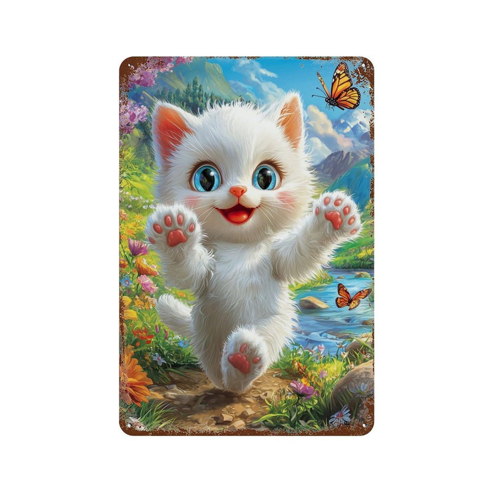Rust Effect Adorable Kitten in Flower Garden Rustic Tin Plaque 11.8"x7.9", Old School Wall Decor for Shed, Workshop And Garage Wall Decor