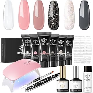 Modelones Poly Nail Extension Gel Kit - 6 Colors Poly Nails Gel Kit Nude Clear Black Pink All In One Starter Kit Builder Glue Gel with Nail Lamp Base Top Coat Set Nail Forms French Manicure Set for Beginner DIY at Home Beauty Gifts