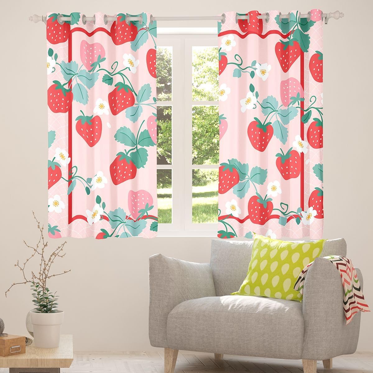 Feelyou Strawberry Blackout CurtainsKawaii Darkening Drapes for Bedroom Living Room Decor Floral Branches Thermal Insulated Shades Window Treatments, 2 Panels 38 x 54 Inch